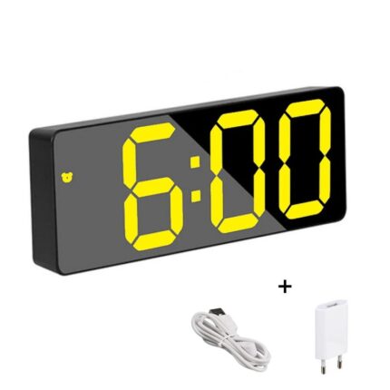 Ceas Electronic de Masa cu Lumina Led Galben, Temperatura, Alarma, Comanda Vocala, 2 Trepte de Lumina, 160 X 60 X 25 mm, Adaptor Inclus, Negru