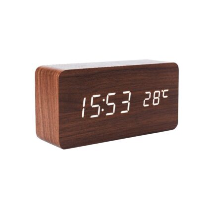 Ceas De Birou Cu LED, Wood Style, Afisare Temperatura, Data, Alarma, Lemn Maro