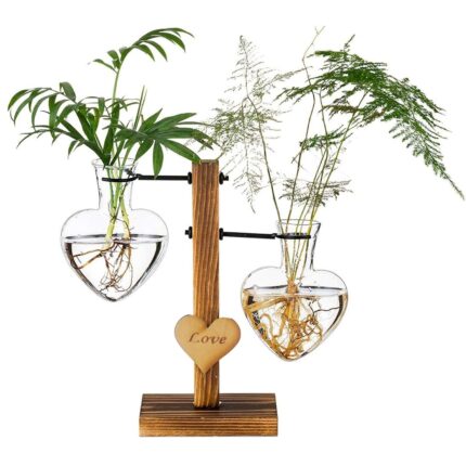 Vaza hidroponica, Axroad Mall, Forma iubirii, Stil retro, Incarcat cu plante mici, Pentru camera de zi, dormitor, sufragerie si decoratiuni de cafenea, Lemn / Sticla, 19*7.5*10 cm, Maro / Transparent