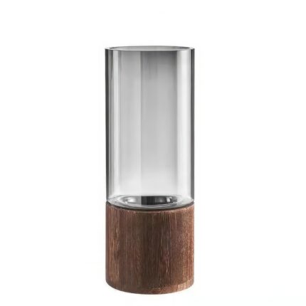 Vaza cu baza din lemn, Sticla/Lemn, 31x12x12cm, Gri/Maro