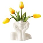 Vaze cu bust pe jumatate de corp cu cap de femeie, WALALLA, stil nordic modern boho, pentru decor de raft de carti de birou, ceramica, alb