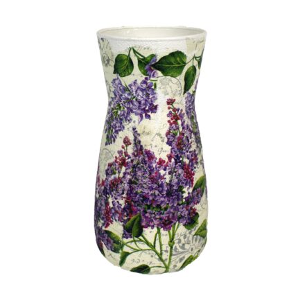 Vaza de sticla, decorata cu liliac, 10x10x20 cm
