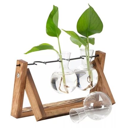 Set 3 vaze hidroponice pentru cultivarea florilor si ierburilor acasa CLASStitude, suport din lemn, perfect ca decor interior, 27.7 x 14 cm, Bej