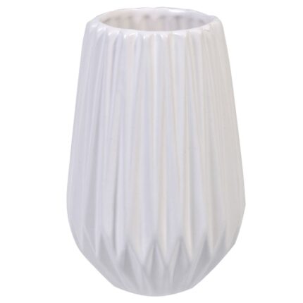 Vaza decorativa din ceramica cu linii in relief, alb, 22x14cm