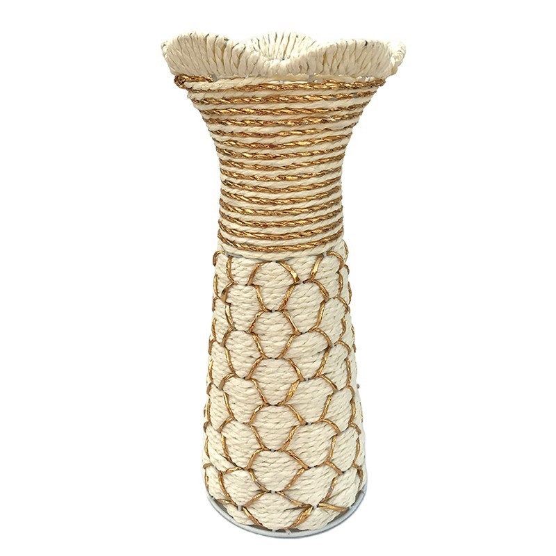 res_5ef41fd597de1c53d51f2a5573e3cffc Vaza Decorativa, Impletitura Plastic, 12x30cm, Alb-Auriu