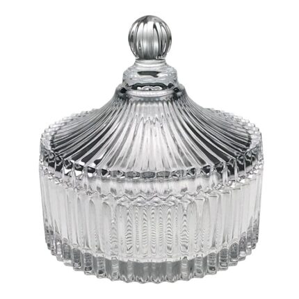 Bomboniera cu capac, model cu dungi, sticla, 15x17cm, transparent