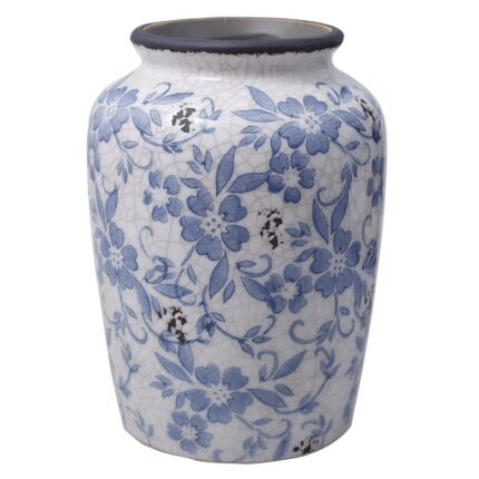 Vaza ceramica, model rustic, albastru si alb, 15x15x20cm