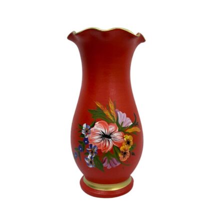 Vaza din ceramica de Arges realizata manual, Argcoms, H30, silueta cu onduleuri, pictura florala, rosu
