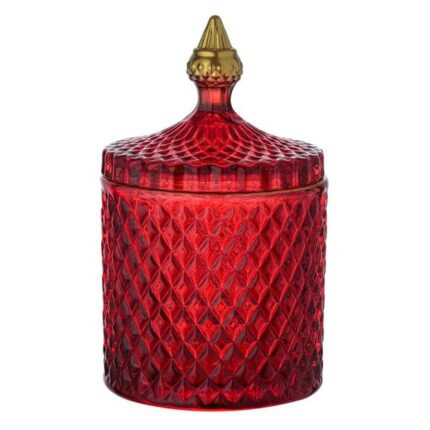 Bomboniera din sticla Herum®, cu model in relief, cu capac, Rosu, 11 x 18 cm, 600 ml