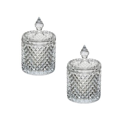 Set 2 buc, Bomboniera decorativa cu capac din sticla, 290ml si 550ml, 8.5x13.5cm si 10x19cm, transparent, design diamant, ConceptSeller