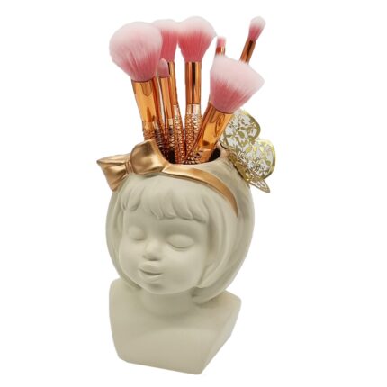 Pachet suport ceramic Girl, Alb, cu set pensule incluse, 21 cm