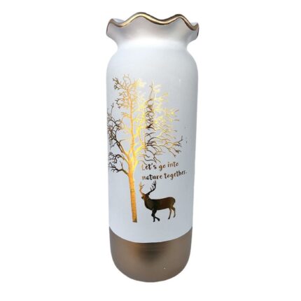 Vaza din ceramica cu gura larga cu cerb si pom, 11x30 cm, NJB-520