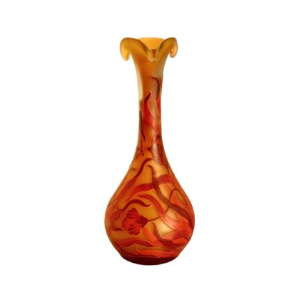 Vaza din sticla tip Galle, H38cm, fronsata la cald, cu decor lalele japoneze