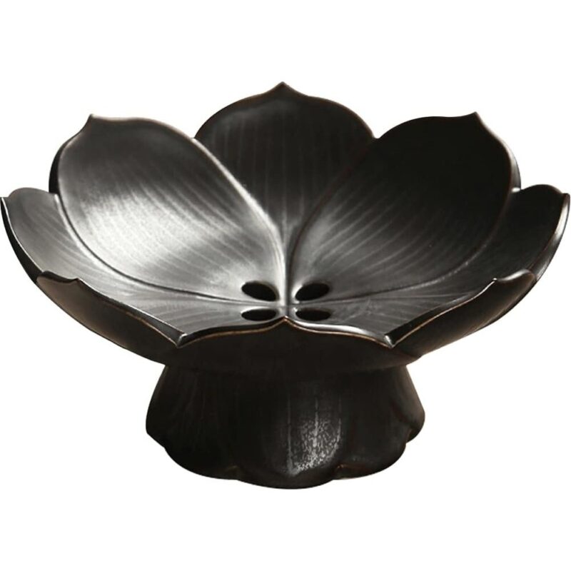 Bol decorativ cu drenaj, QttvbTna, Ceramica, Design Lotus, 16 x 7.5 cm, Negru