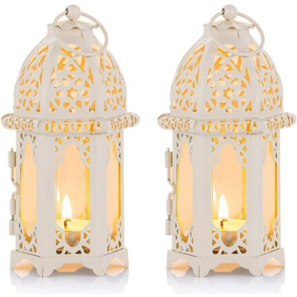 Set 2 Suporturi pentru Lumanari stil Marocan, Metal cu Panouri de Sticla, 16x7cm, Bej