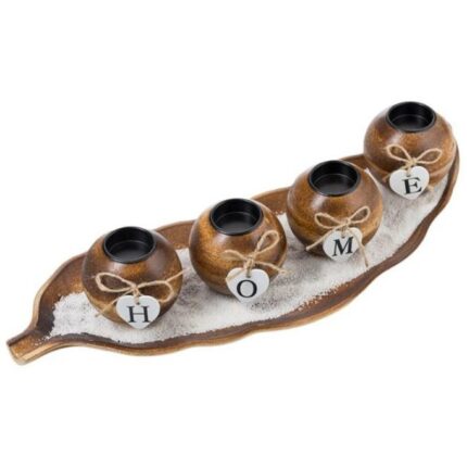 Set suport lumanari din lemn cu 4 cupe rotunde si mesaj HOME, maro, 51 cm