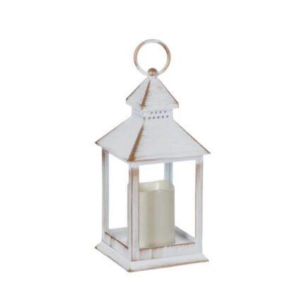 Felinar decorativ alb cu lumanare si led cu lumina calda, 11x11x24 cm