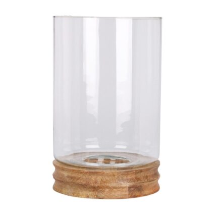 Suport lumanare, cadru sticla, baza lemn, 33 cm