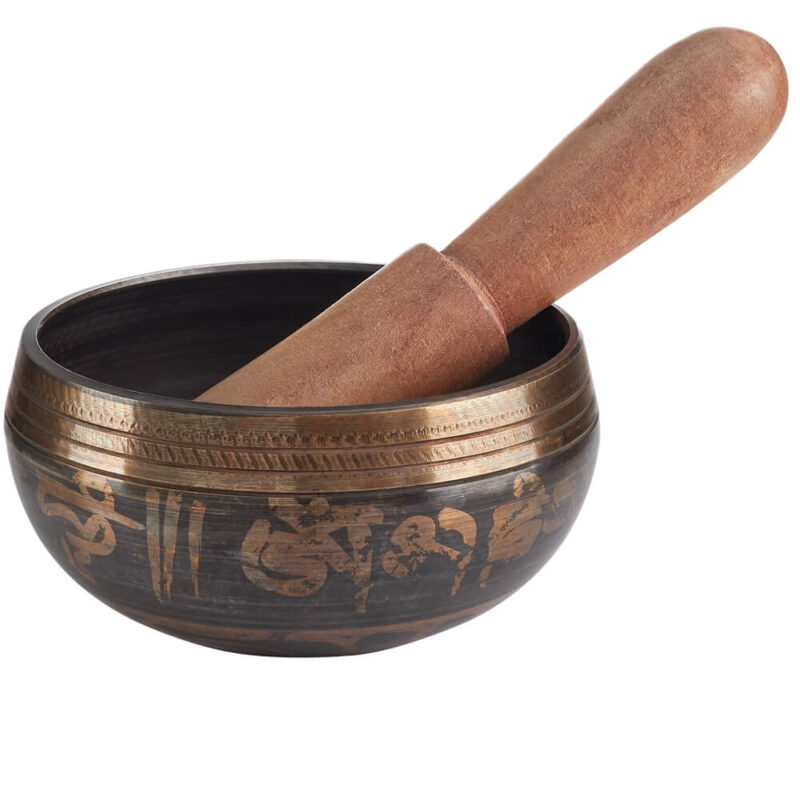 Bol Tibetan cantator batut manual set cu ciocanel lemn si ceremonial pentru purificarea casei si energizare, metal 9 cm