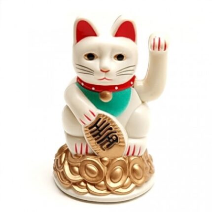 Pisica norocoasa Maneki Neko alba remediu Feng Shui din Plastic, 70 mm lungime