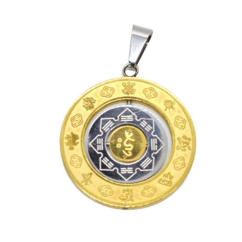 Amuleta feng shui cu cele 8 simboluri tibetane, 12 zodii si silaba HRIH, din metal, multicolor, diametru 4.5 cm