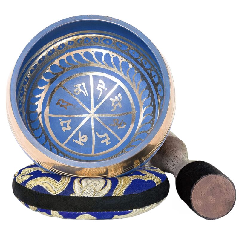 Bol Tibetan cantator, vas Silent Mind cu Buddha Medicine si cele 8 simboluri, pentru meditatie, yoga, relaxare, mindfulness, de 10 cm, cu pernuta si instrument din lemn