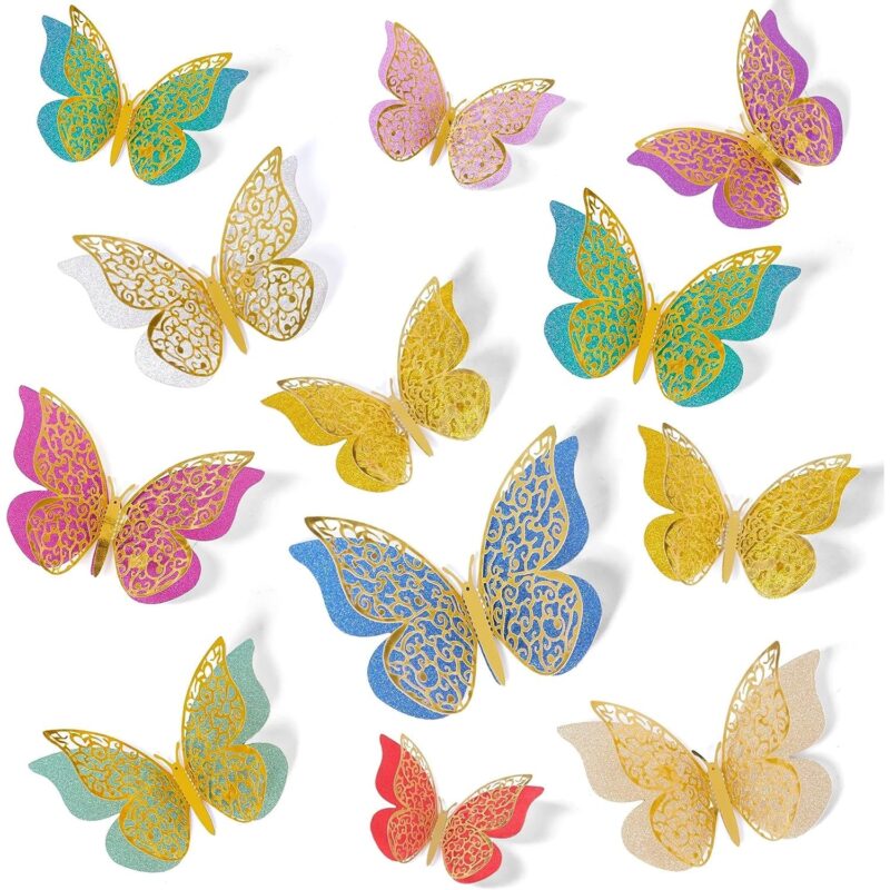 24 fluturi 3D pentru perete, Hartie metalica/Carton, Multicolor