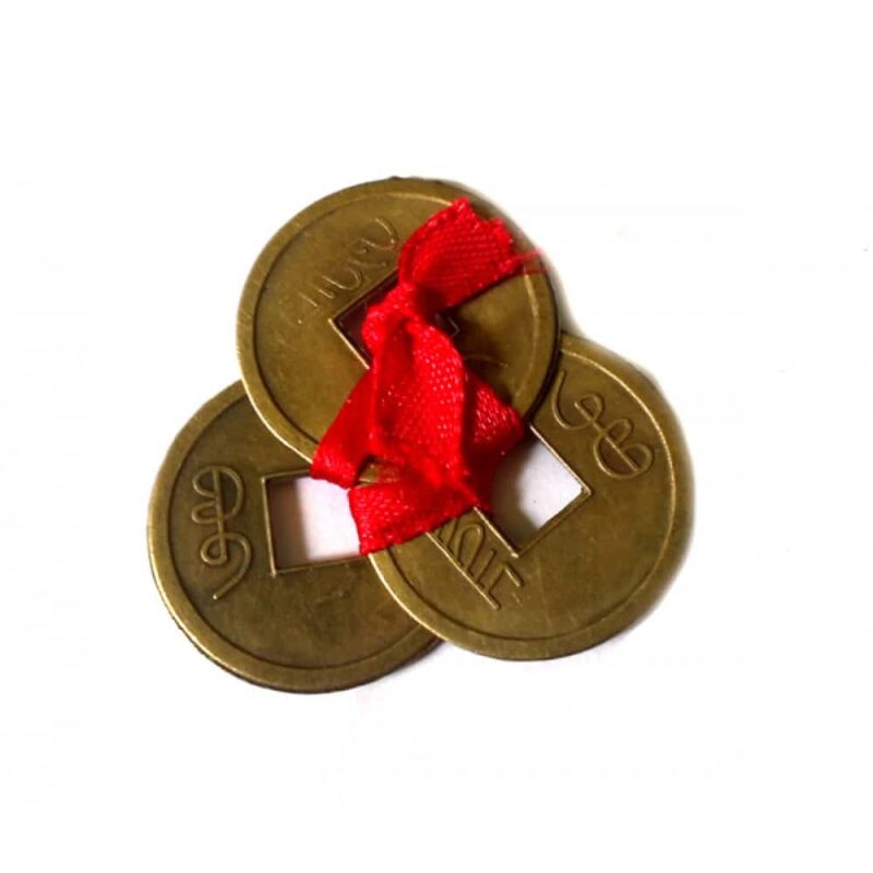Amuleta cu trei monede chinezesti remediu Feng Shui din Metal, 30 mm lungime