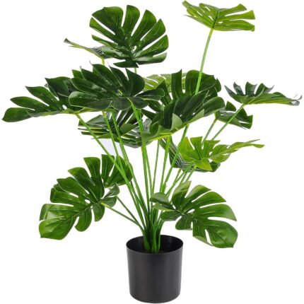 Planta artificiala, Monstera, NUODWELL, 18 frunze, din plastic, sigure si non-toxice, rezistente la UV, lavabile, fara decolorare, aspect realist, 65 cm, verde
