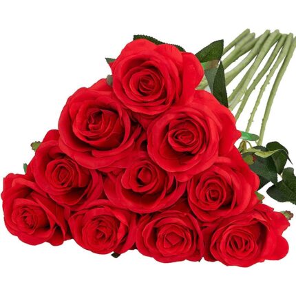 Set 10 buchet trandafiri flori artificiale, ASKSA, 50cm, Rosu