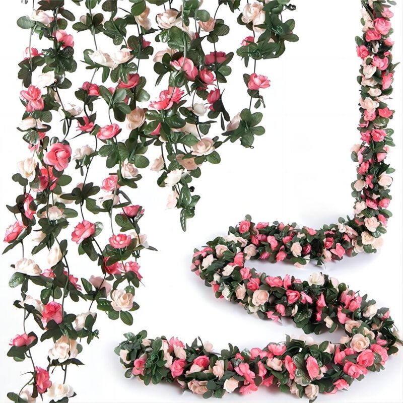 Set 4 Planta artificiala de flori de vita de vie de trandafir artificiala cu frunze, 2.5m, Matase/Plastic, aniversare nunta ziua de nastere craciun decorare arc de perete