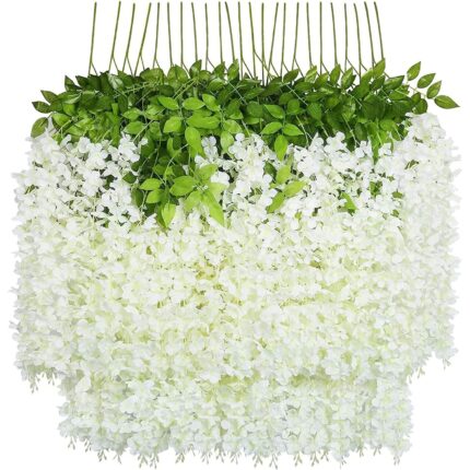 Set 12 Bucati Planta Artificiala Curgatoare Glicina Wisteria Alba cu Frunze, Lungime 1.1 m