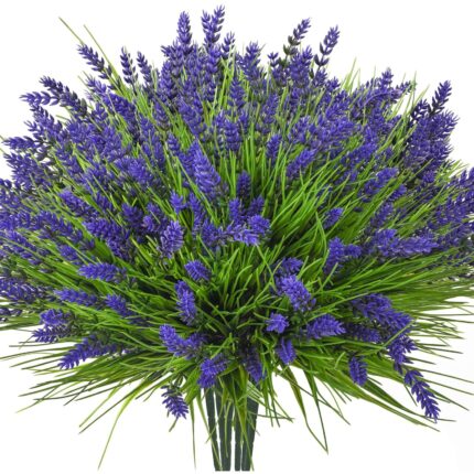 Set 12 Pachete De Flori Artificiale Mov, NUODWELL, Lavanda, 7 dinte, reglabila pe inaltime, rezistenta la UV, rezistenta la culoare si usor de intretinut