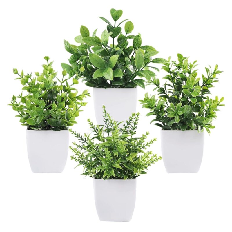Set 4 plante artificiale in ghiveci alb, SINBINTA, Rezistente La UV, Pentru decor, Usor de curatat, Inaltime 19 cm, Nu se decoloreaza, Aspect realist, Pentru bucatarie, ferma, sufragerie si dormitor, Plastic, Verde