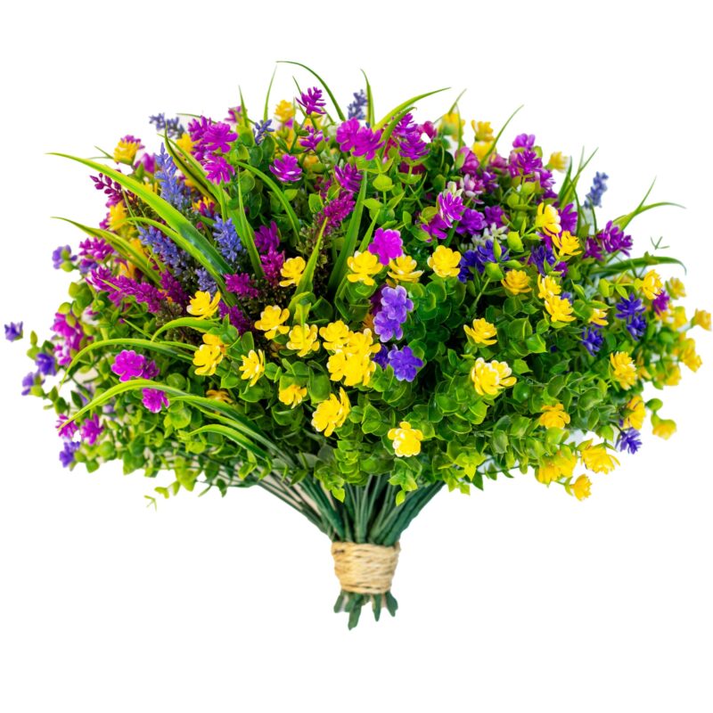 Set 8 Buchete Flori Artificiale, ARKOTEX, Rezistente UV, Plastic, Roz Galben Albastru, 35cm Inaltime