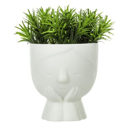 Ghiveci Decorativ Alb Fata & Planta Artificiala 9x9x15cm