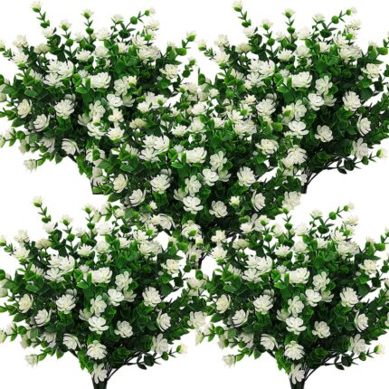Set 5 Buchete MWAOWM, Plante Artificiale Rezistente UV, Decorative pentru Interior/Exterior, Alb-Eucalipt
