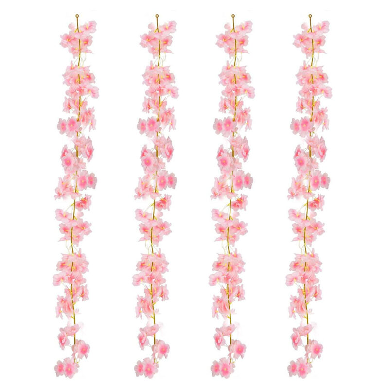 Set 4 Ghirlanda cu flori artificiale de cires, 135 flori, 1.8m, Matase/Plastic, Roz