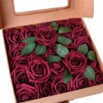 Flori artificiale, NUODWELL, 25 de trandafiri, ambalati in carton, material PE, potriviti pentru realizarea de buchete, piese centrale, bile pentru sarut si corsaje, rosu