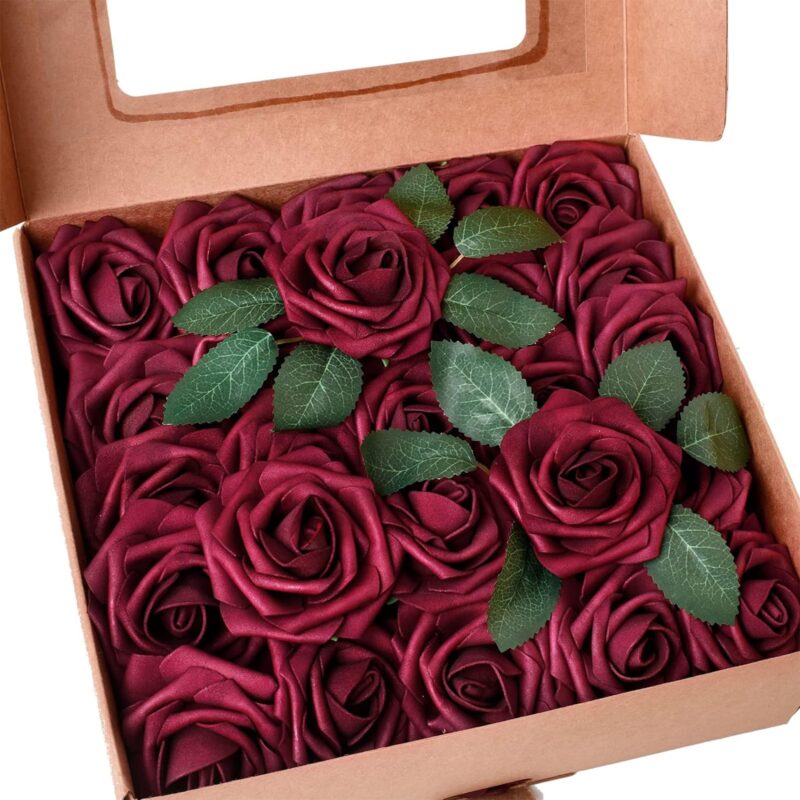 Flori artificiale, NUODWELL, 25 de trandafiri, ambalati in carton, material PE, potriviti pentru realizarea de buchete, piese centrale, bile pentru sarut si corsaje, rosu
