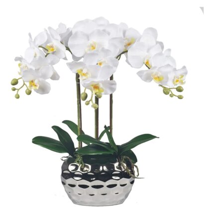 Orhidee artificiala Virovetix alba din silicon in ghiveci ceramic argintiu, aspect 100% natural, 48 cm