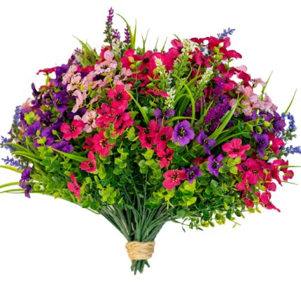 Set 8 Buchete Flori Artificiale, ARKOTEX, Rezistente UV, Plastic, Roz Rosu Albastru, 35cm Inaltime