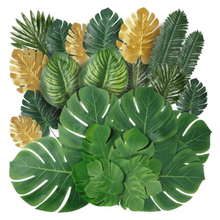 Set 84 frunze artificiale, SINBINTA, Aspect natural, Simulare de maiestrie, Usor de curatat, Reutilizabile, Nu se estompeaza, Mara intretinere, Marimi multiple, Pentru decoratiuni interioare si exterioare, Plastic/Loth, Verde/Auriu