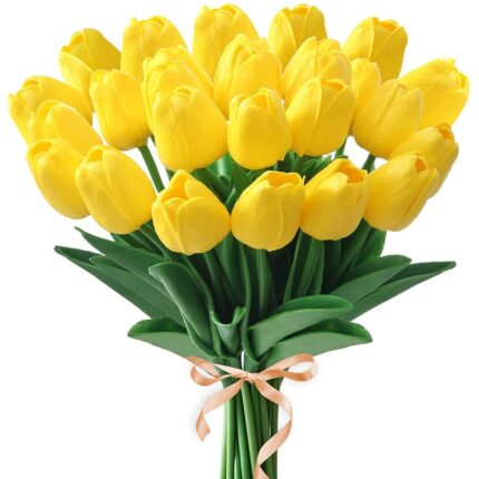 Set 20 lalele artificiale, Plastic, 35 cm, Galben