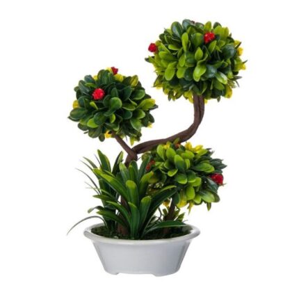 Floare artificiala decorativa in ghiveci, bonsai inflorit cu inflorescente rosii si cu frunzulite verzi, inaltime 25 cm
