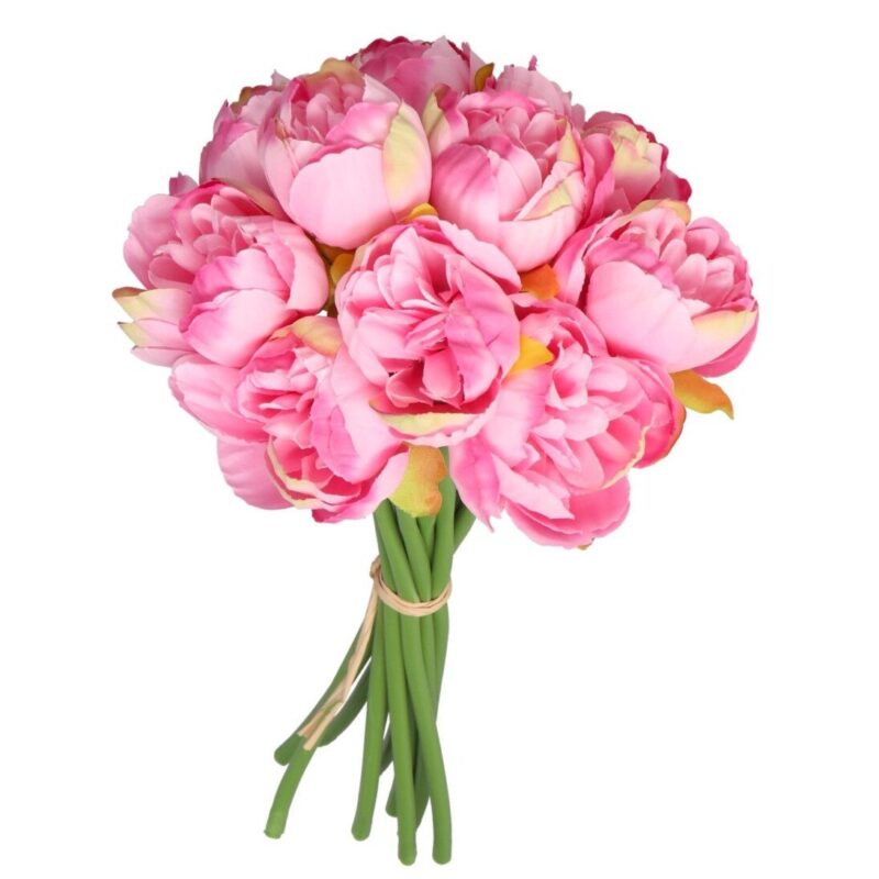 Buchet 11 fire flori artificiale, Bujor, Silicon, 25 cm, Roz/Verde