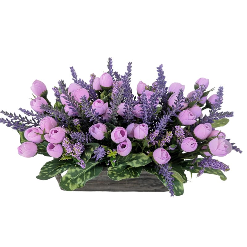 Aranjament floral in vas dreptunghiular din piatra, DADY, cu flori artificiale lila, 25x15x17 cm