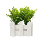 Ghiveci lemn cu planta artificiala verde, flori verzi,14 cm