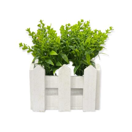 Ghiveci lemn cu planta artificiala verde, flori verzi,14 cm