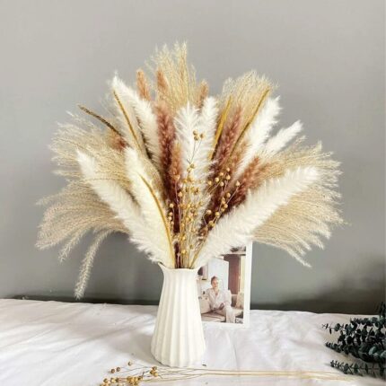 Buchet uscat natural, mix 90 tulpini, 5 tipuri, iarba de pampas, 45cm